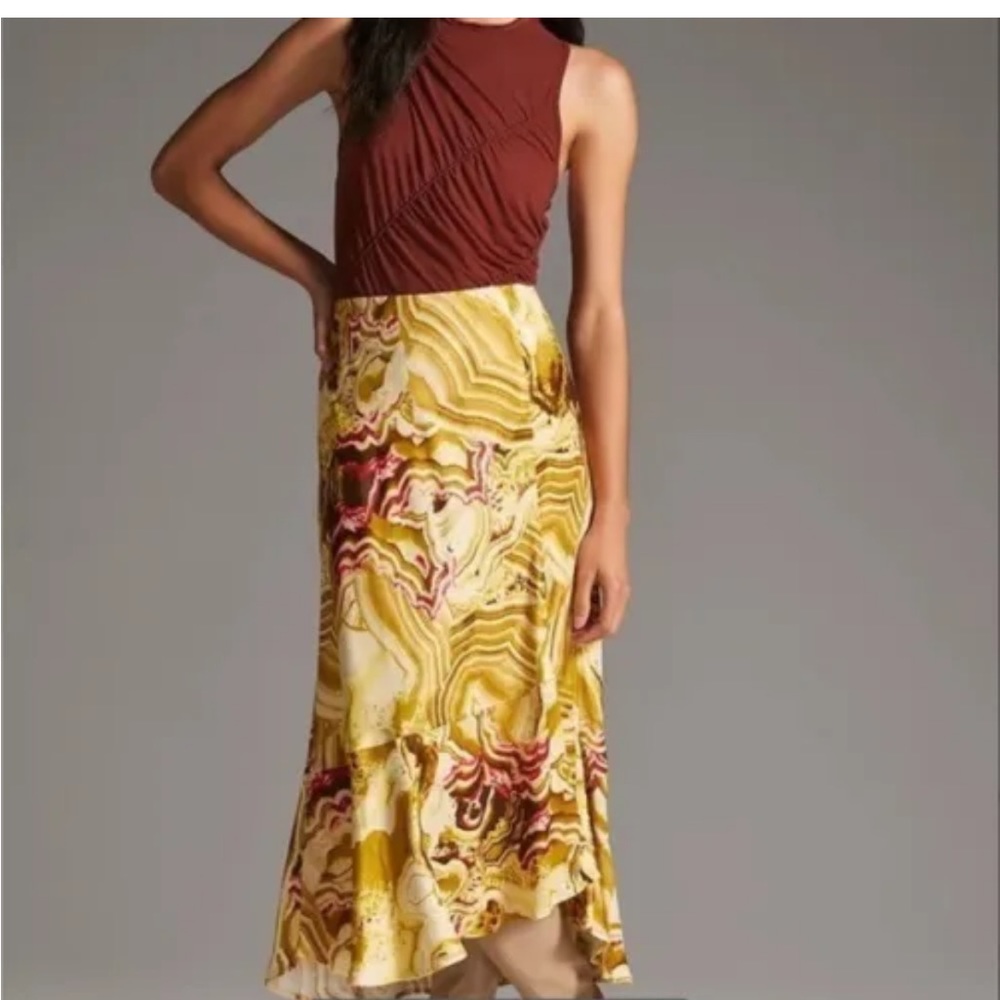Anthropologie Yellow Asymmetrical Hem Midi Skirt Medium